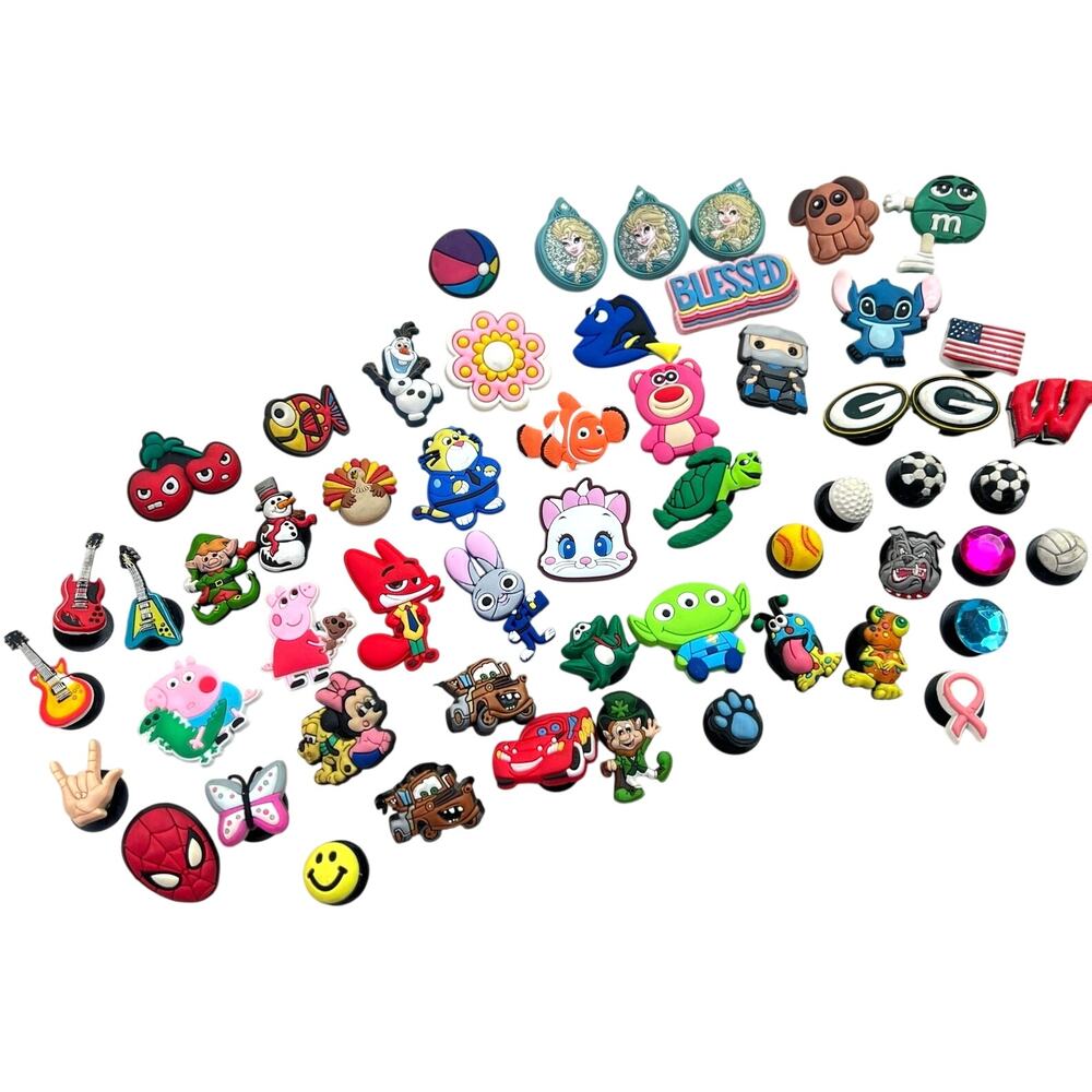 55 Shoe Charms Lot fit Crocs Characters Holidays Sports Guitar Movie Flowers Cat
